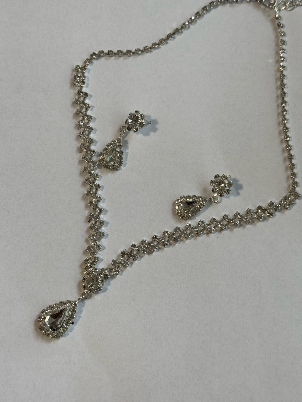 Silver Teardrop Crystal Necklace and Earring Set - Women Jewelry